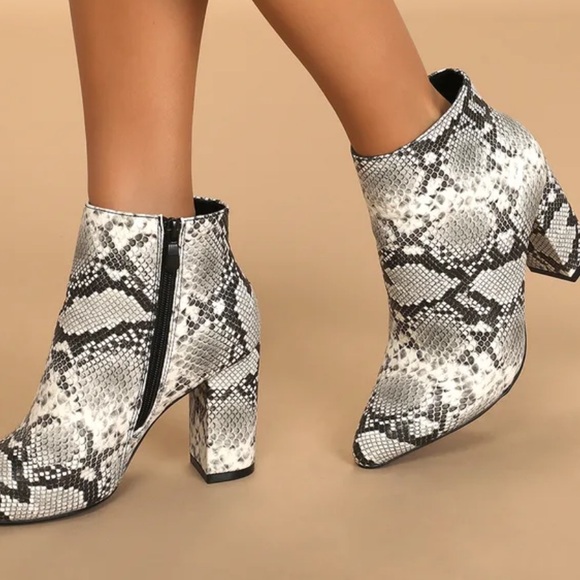 Lulus Black and White Snakeskin Booties - Picture 2 of 4